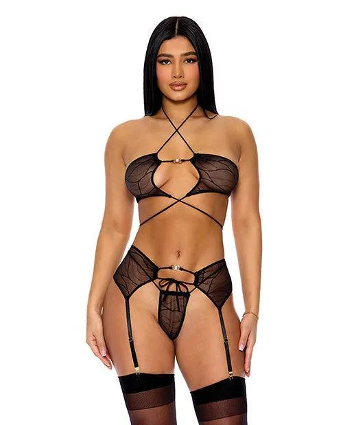 Female Sex Toys Forplay INC Pull My Strings Mesh Halterneck Bra wGarter Panty Black